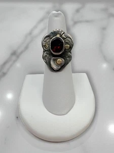 Vintage Sterling Silver Ring Bezel Set Garnet Gold Overlay Details Size 6 - Picture 1 of 12