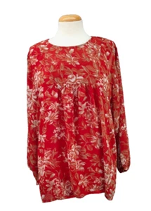 Adini Floral Long Sleeve Top Pleated Tunic Cottage Sz XL 100% Polyester Red NWT - Picture 1 of 13