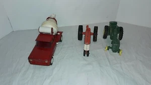 3 Vintage Metal Tonka Mixing Truck, Slik Toy Red Tractor & ERTL Green Tractor - Picture 1 of 12