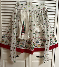 Vintage Christmas Apron Organza Ornaments Pattern Cotton  Dish Towel & Pocket