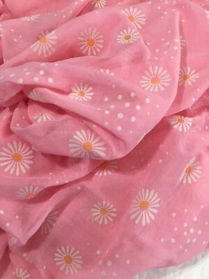 3+ Yards Vintage Pink Semi Sheer Flocked Daisies - Image 1 of 4
