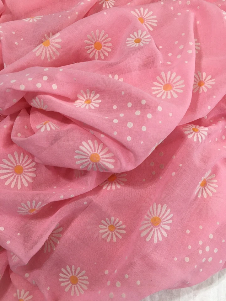3+ Yards Vintage Pink Semi Sheer Flocked Daisies - Image 1 of 4