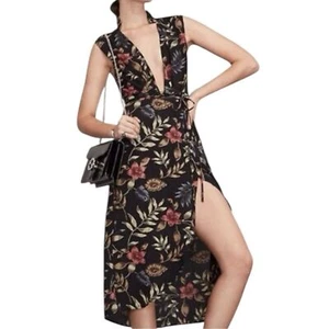 Reformation Jentri Midi High Low Wickelkleid tief V ärmellos Gr. L dunkel geblümt - Bild 1 von 10
