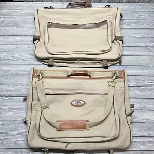 2 Eddie Bauer Edition Ford Khaki Canvas & Leather Garment Bags Luggage Travel - Picture 1 of 9