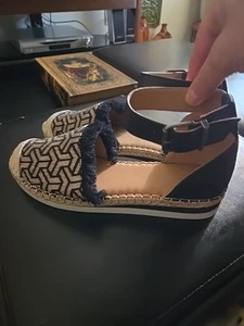 Gewachsene Vintage Keilabsatz Knöchelriemen Espadrille Schuhe, 9,5M - Bild 1 von 7