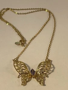 Amethyst 14kt. HGE Filigree Butterfly Gold Tone Metal Chain Necklace Vintage - Picture 1 of 4