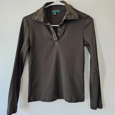 Ralph Lauren Women Petite Medium Rib-knit Long-Sleeve Polo Shirt in Green - Image 1 of 4