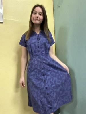 Vintage 50’s/60’s Navy & Purple Leaf Print Cotton Dress Size S/M - Image 1 of 4