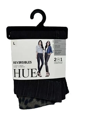 Nuevo HUE Reversible Alto Rise Skimmer Denim Cheetah 2 en 1 Bolsillos Traseros Reales Talla L Foto 1 de 4