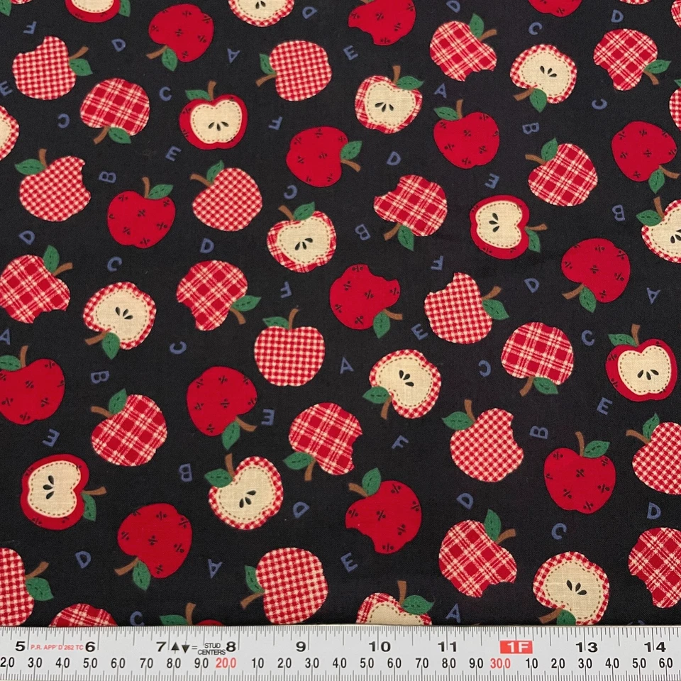 Cranston Apples & Letters on Black Cotton Fabric Remnant 15" x 44" - Image 1 of 2
