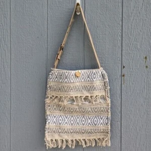 Handmade Ikat Tapestry Tote Bag Boho Tassel Fringe Belt Buckle Wide Strap Travel - Picture 1 of 11