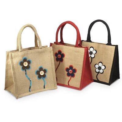 COOCOO Jute Hessian Lunch Gift Bag / Small Shopper - Decorated Floral Flower Design