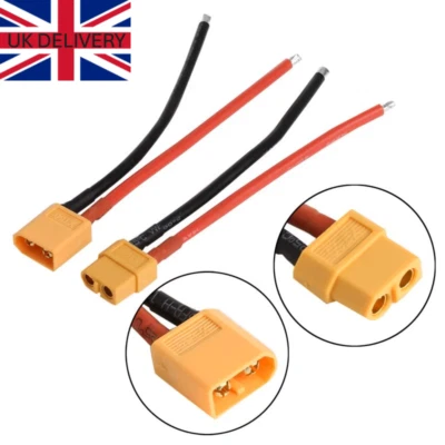 Male / Female XT60 connector cable 100mm 12AWG silicone wire RC LiPo Battery UK - Image 1 of 4
