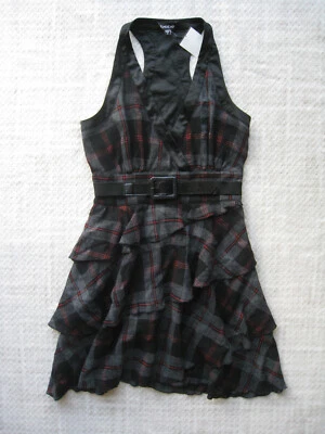 Bebe Wool Silk Plaid Wrap Dress Sz M Black Gray Red V Neck Zip Lined Ruffles New Foto 1 de 4