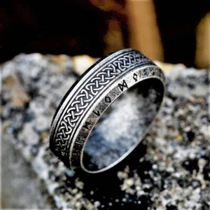 Viking Vintage Silver Rune Ring Stainless Steel Vintage Celtic Norse Ring Band - Picture 1 of 14