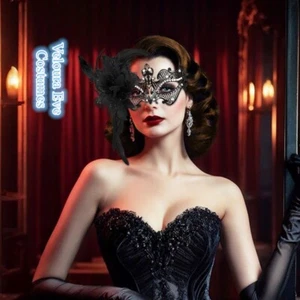 SN-G6-2Luxury Black Masquerade Venetian Style Metal Mask w/ Feathers Rhinestones - Picture 1 of 13