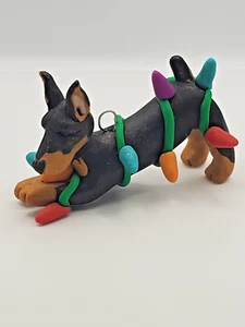 DOBERMAN PINSCHER Christmas Ornament TANGLED IN LIGHTS HANDMADE Dobie Ornament - Picture 1 of 6