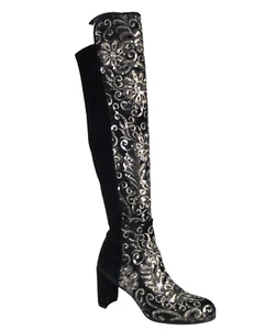 Stuart Weitzman Tall Boots Black Gold Alljil Sequin Flower Embroidered UK 6 NEW - Picture 1 of 24