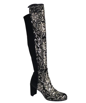 Stuart Weitzman Boots Embroidered Black Tall Gold Alljil Sequin Flower UK 6 NEW - Image 1 of 4