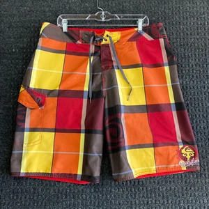 Vintage Quiksilver Board Shorts Surf Swim Trunks 36 Red Yellow Orange Plaid y2k - Picture 1 of 13