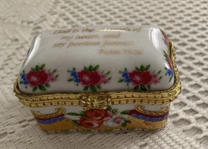 Vintage kaiserliche Porzellan aufklappbare Schmuckschatulle mit Bibelvers Psalm 73:26 floral - Bild 1 von 11