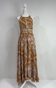 Jaase Boho Maxi Dress L Halter Smocked Waist Open Back Flowing Skirt Front Slit - Picture 1 of 8