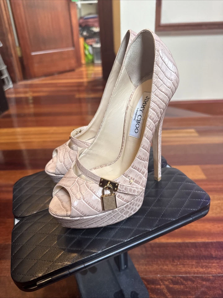 Estillettos de cocodrilo desnudo para mujer Jimmy Choo con acento de bloqueo Foto 1 de 4