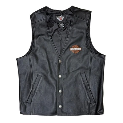 Vtg Harley Davidson Mens Black Leather Biker Vest Size L - Image 1 of 4