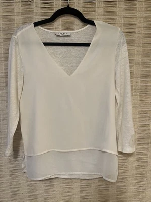 SANDRO Women's Ivory Silk Front Linen Knit Back & Sleeves V-Neck Blouse Sz 1 - Image 1 of 4