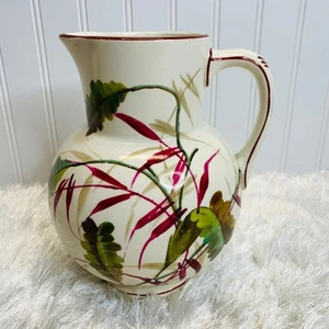 Handpainted Pitcher Vintage Green Red Leaves Tropical 8 x 6" - Picture 1 of 7