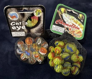Mega Fun Marbles CHAMELEON & CAT EYES Net Bag- 24 Players + 1 Shooter - New - Picture 1 of 2