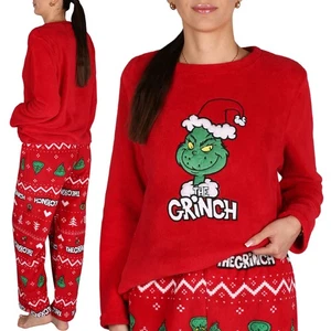 Grinch Weihnachtspyjama für Damen, rot, zweiteilig, WARMES POLAR Pyjama mit lang - Bild 1 von 12