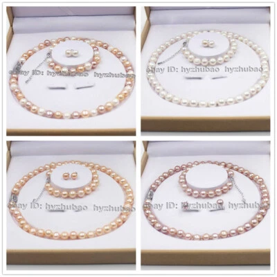 Genuine Natural Freshwater Cultured Pearl Necklace Bracelet Earrings Jewelry Set - Image 1 of 4