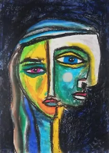 Abstract Portrait Gemälde Papier A4 Ölpastell Kunst, Oil Pastel Art On Paper A4 - Bild 1 von 2