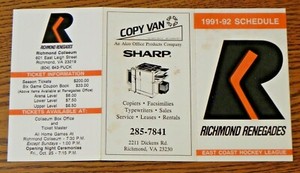 1991-92 RICHMOND RENEGADES  Pocket SCHEDULE - ECHL