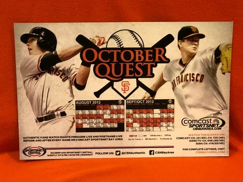 Cheer Card San Francisco SF Giants Authentic Fan Schedule Aug-Oct New SGA 2012 Cover