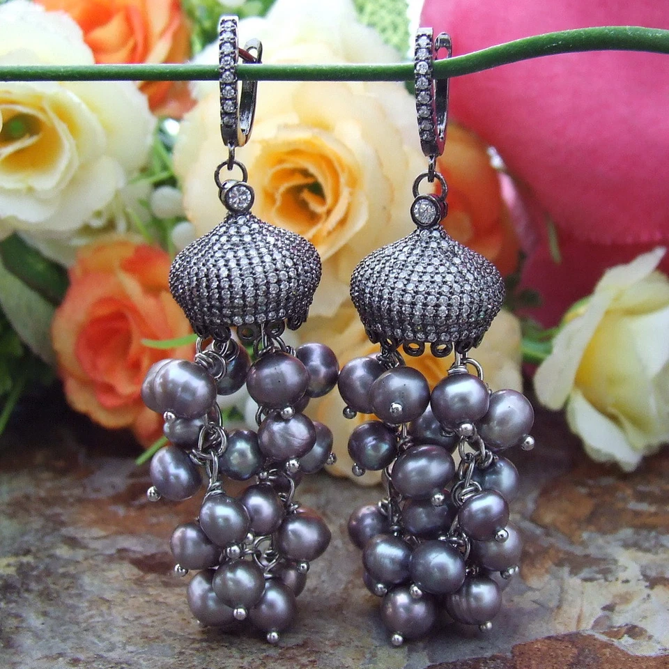 Pendientes redondos de perlas negras FC092515 5-6 MM CIRCONITA CÚBICA con cierre de palanca Foto 1 de 4