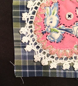 Bunny Rabbit Patch Upcycled Shabby Cottagecore Vtg Retro Fabric Handmade Doily - Picture 1 of 4