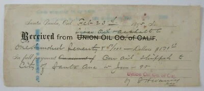 Recibo de cheque de colección Union Oil Company of CA Sisar Oil Santa Paula 1895 Foto 1 de 3