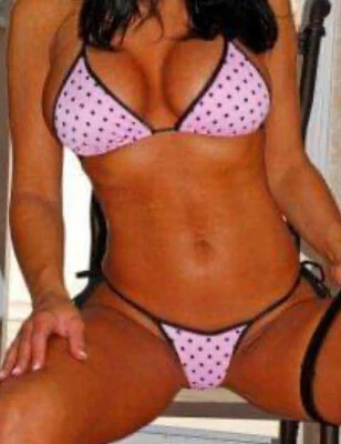 NWT Sexy Handmade Pink w/ Black Polka Dots Tri-Top & Legal Thong Bottom Bikini - Image 1 of 4