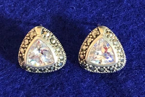 Sterling Silver Earrings Trillion CZ Marcasite Triangle Stud Signed CFJ 925 7342 - Picture 1 of 7