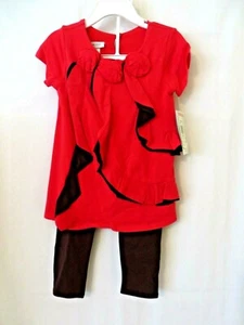 Bonnie Jean 2 Pc Set Red & Brn Dress Rosette & Ruffles Brn Leggings Sz 4T #10059 - Picture 1 of 5