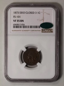 1873 DDO CLOSED 3 Bronze Indian Cent FS-101 1C NGC VF35BN (CAC) - Picture 1 of 4
