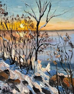 Original Ölgemälde Winter Sonnenuntergang Landschaft Fluss Impressionismus Kunst signiert - Bild 1 von 7