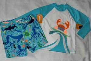 Gymboree Boys Size 3T Teal Crab Fish Sea Swim Suit Rash Gaurd Splish Splash New - Picture 1 of 12