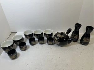 Vintage Japanese Tea And Sake Set Porcelain - Gold And Black Cranes 14 Peices - Picture 1 of 10