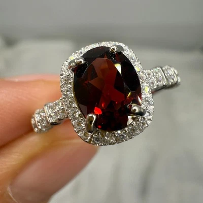 Anel de prata esterlina 925 oval 8x6mm granada natural pedra preciosa zircão presente feminino - Imagem 1 de 4