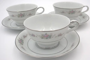 Vtg Set of 3 Noritake Astor Rose 6515 Teacup & Saucer Japan Floral Platinum Trim - Picture 1 of 18
