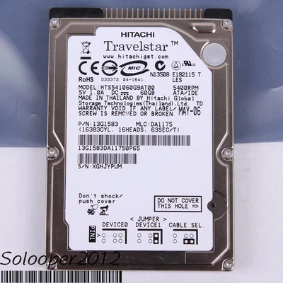 Free shiping Hitachi 60 GB HDD 2.5" 8 MB 5400 RPM HTS541060G9AT00 IDE Hard Disk - Image 1 of 2