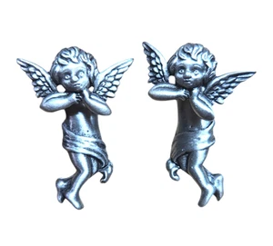 Pendientes Vintage JJ Jonette Peltre Detallados Colgantes Ángel Querubín Tono Plata - Imagen 1 de 5